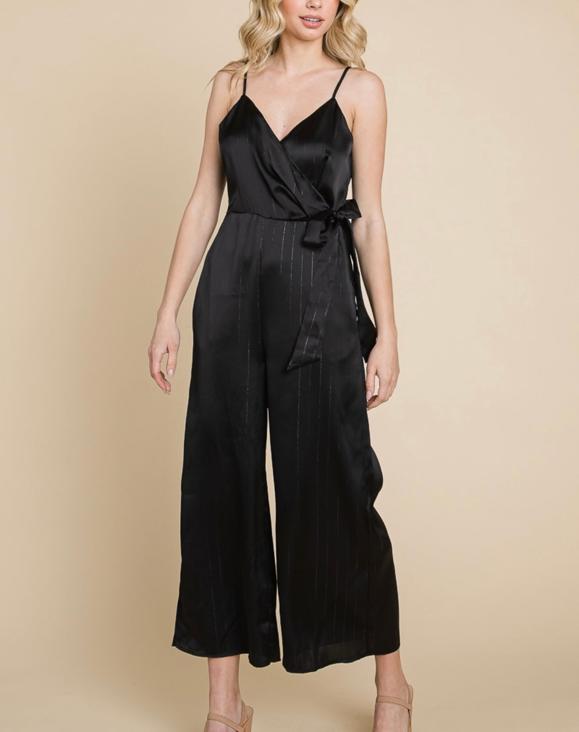 BLACK SATIN SHIMMER STRIPED JUMPSUIT- SMALL