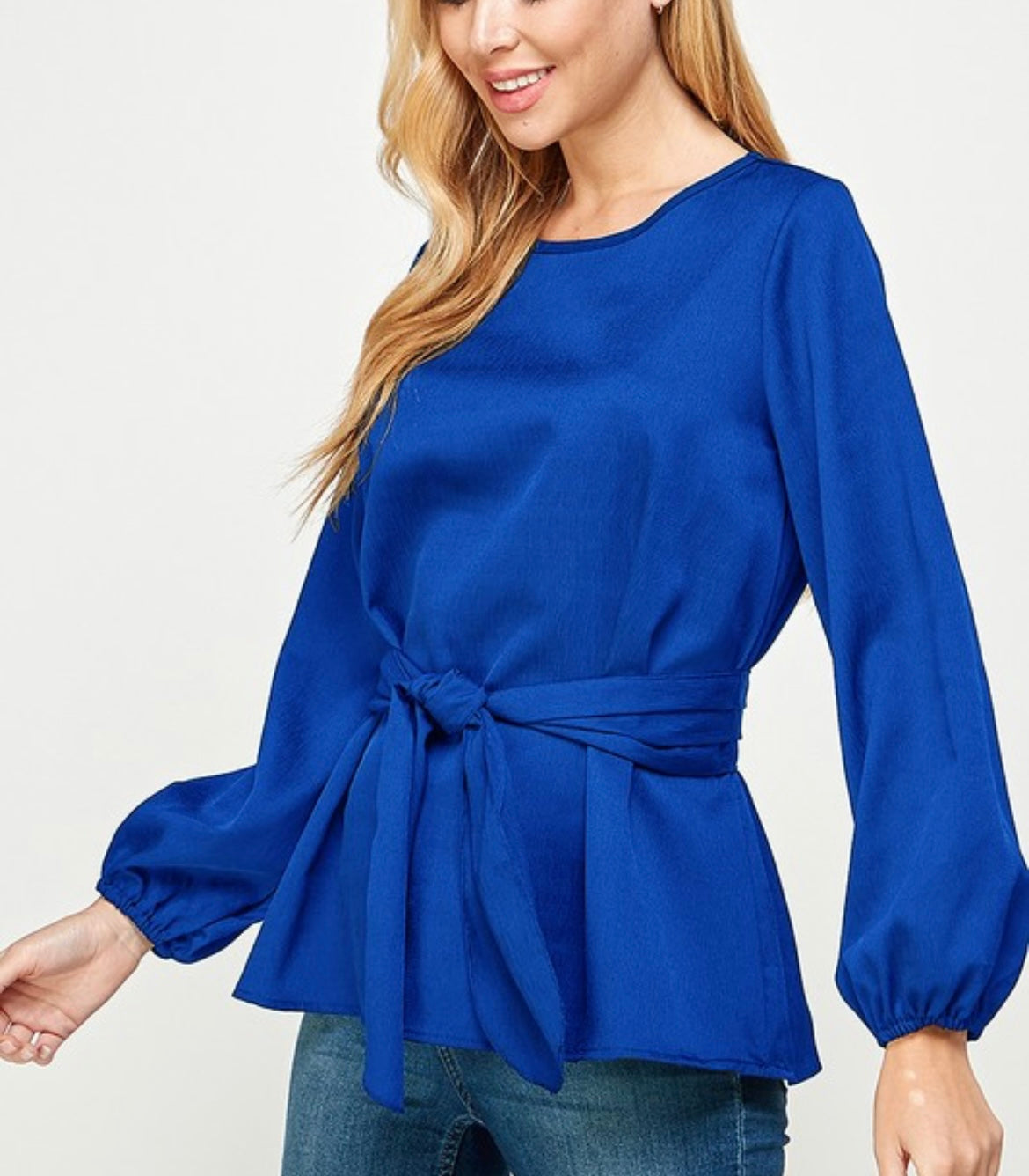 Royal Blue Tie Waist Bow Blouse