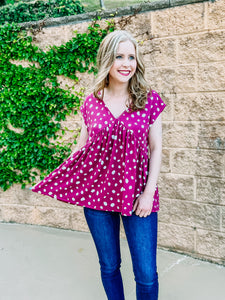 Berry Pink Animal Printed Flouncy Vneck Top