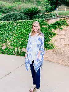 White Blue Border Kimono