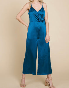 TEAL SATIN SHIMMER STRIPED JUMPSUIT