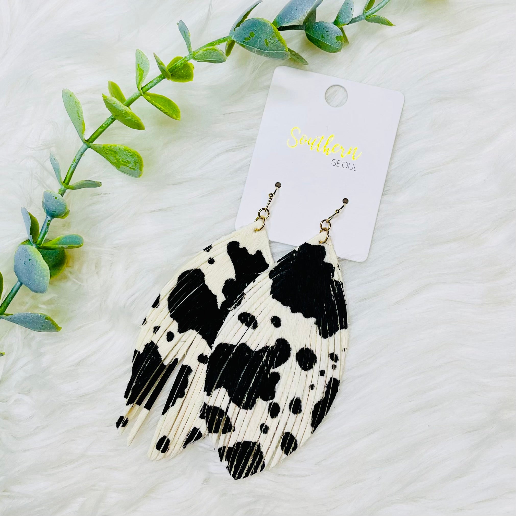 Cow Print Leather Fringe Earrings