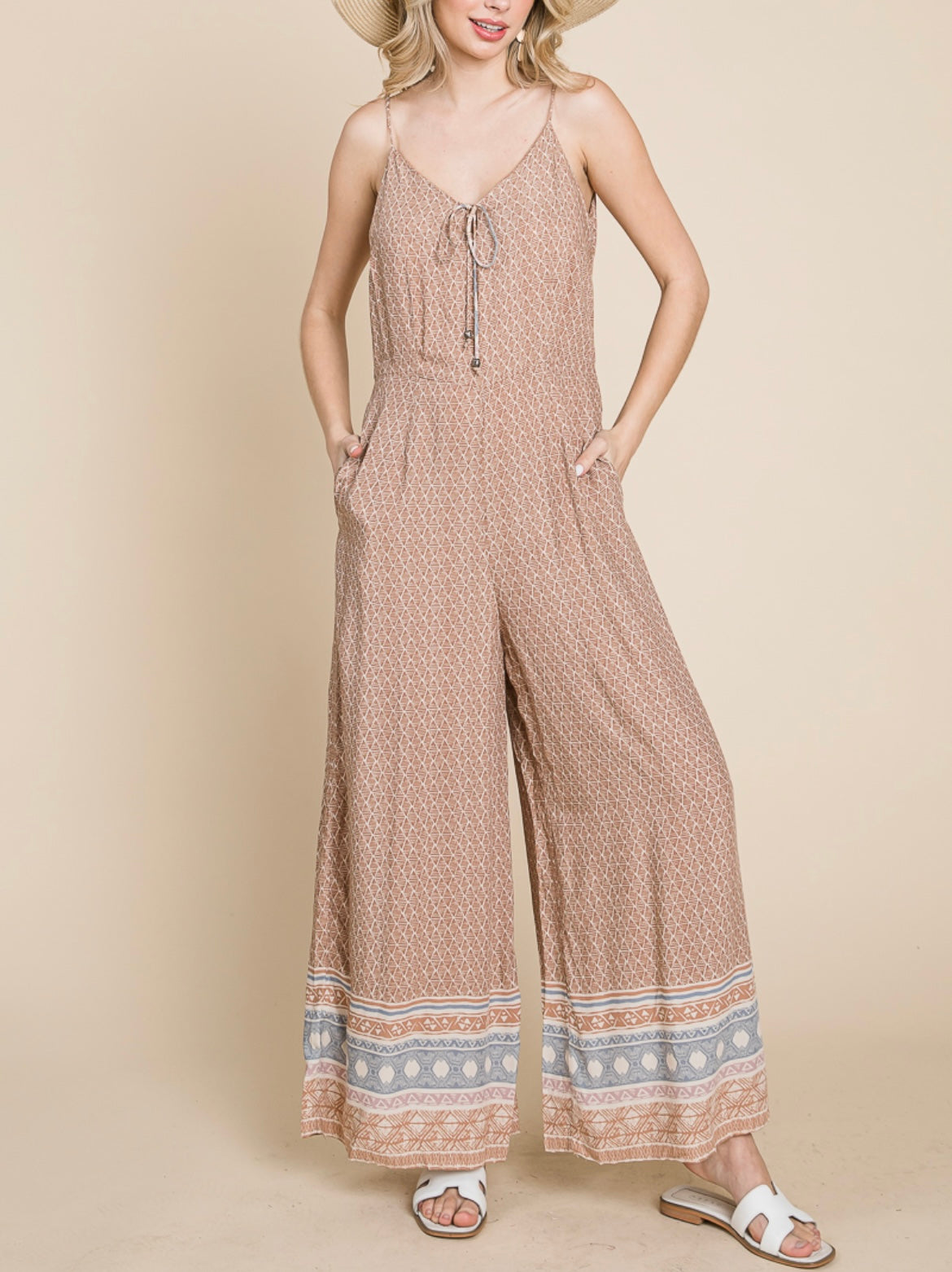 TAUPE PRINTED STRAPPY FLARE PANT JUMPSUIT