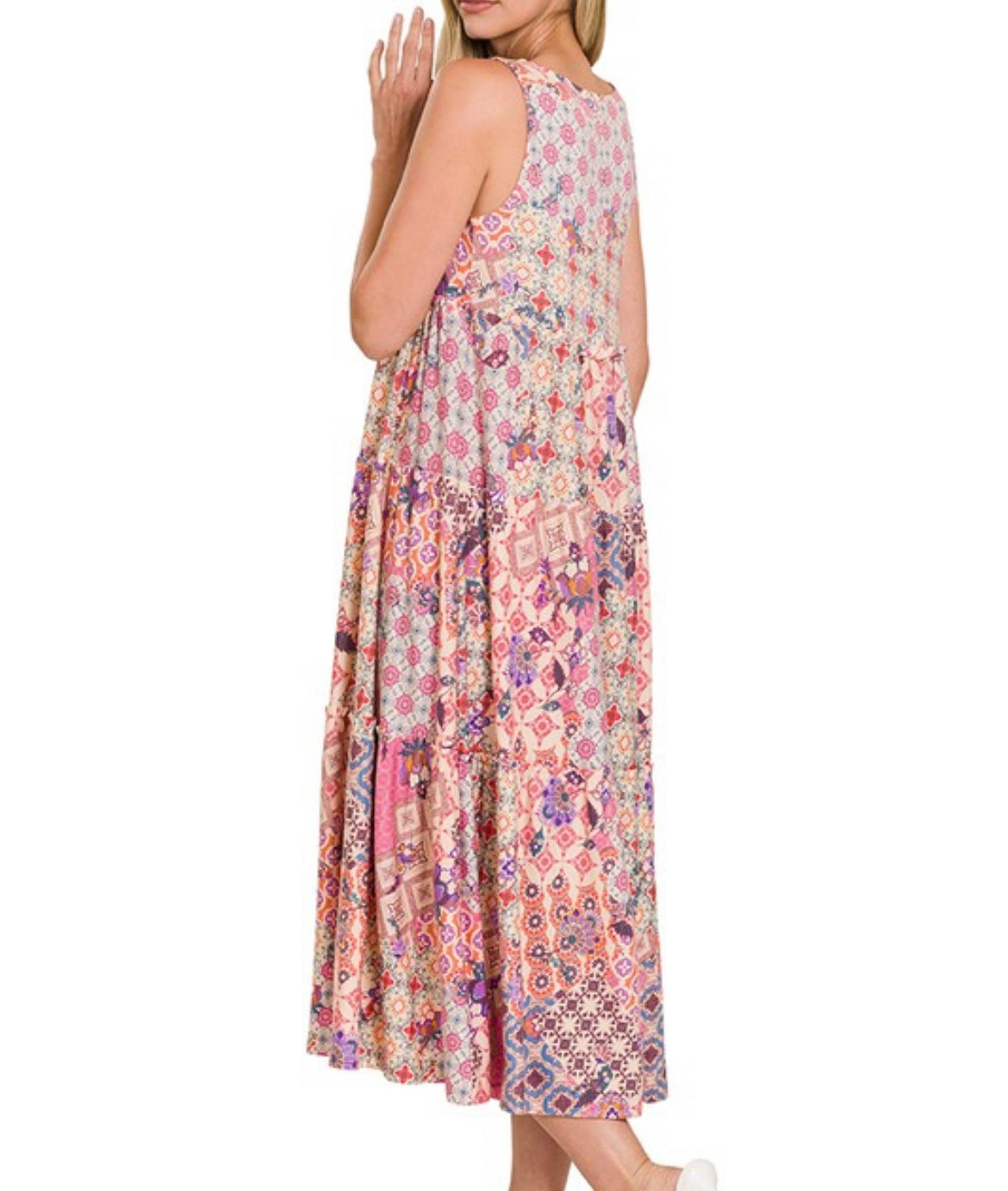 Pink Mixed Print Ruffle Tiered Midi Dress
