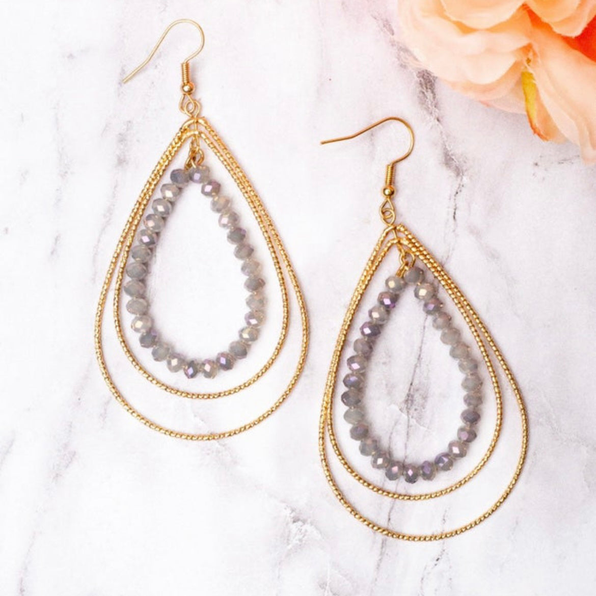 Grey Crystal Teardrop Layered Earrings