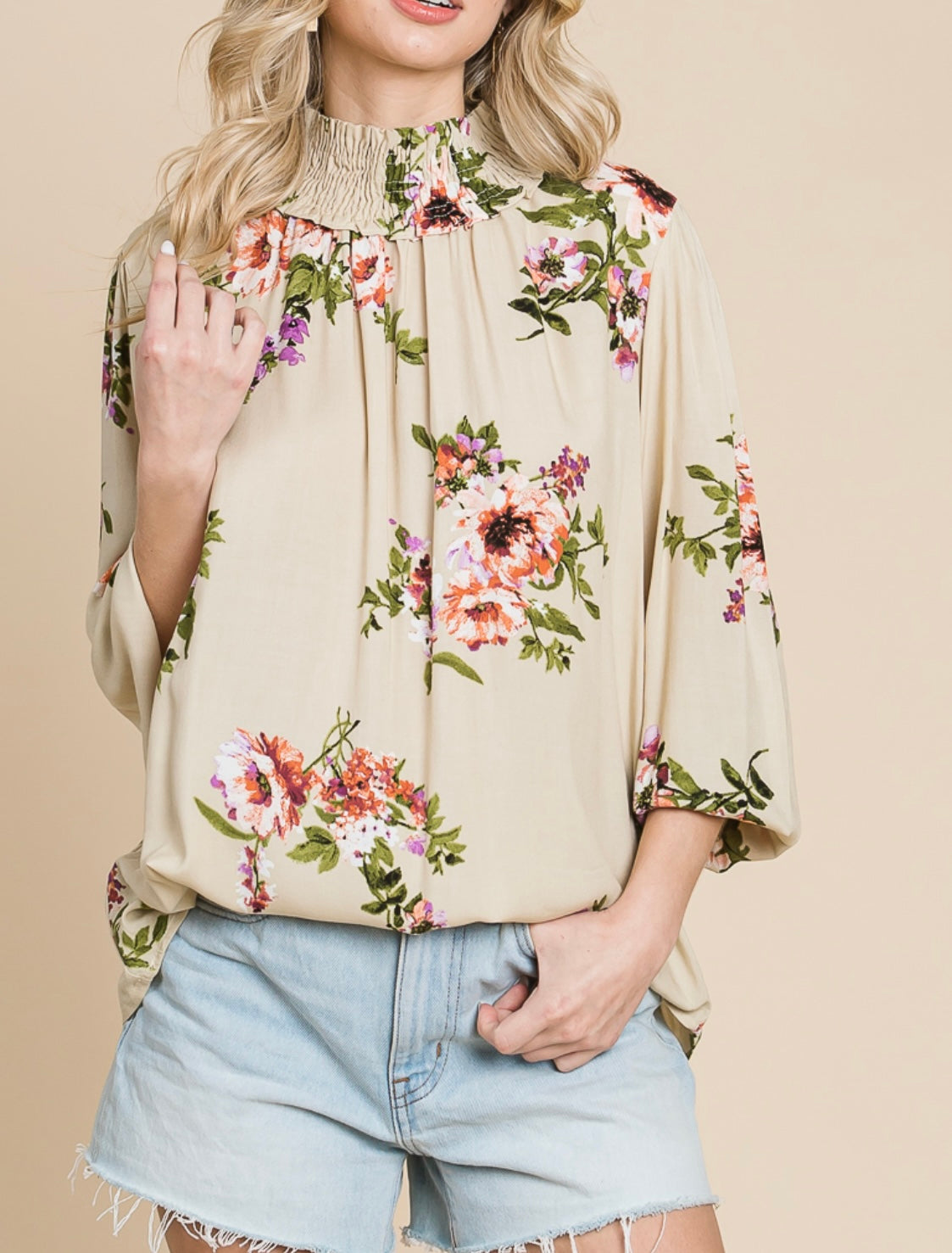 TAUPE KEYHOLE FLORAL LONGSLEEVE TOP