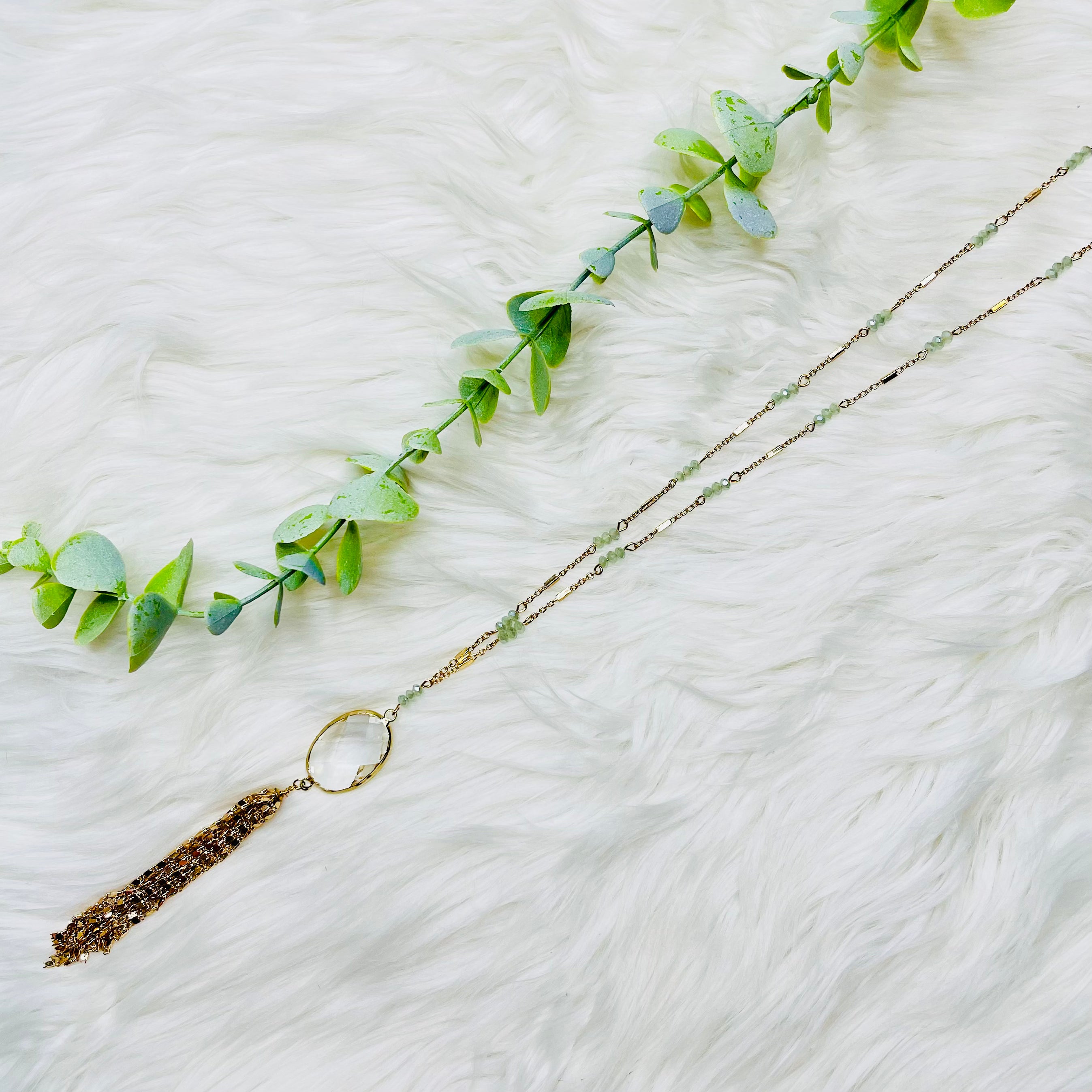 Mint Beaded Gold Delicate Tassel Necklace