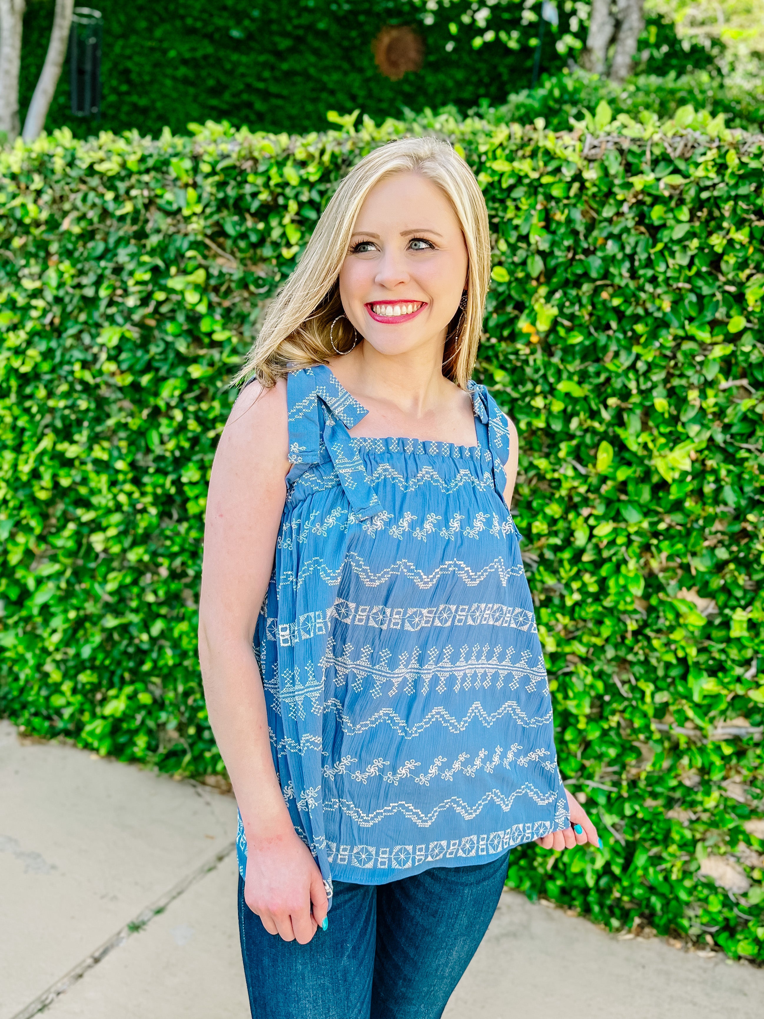 Denim Blue Tie Sleeve Embroidered Tank- SALE