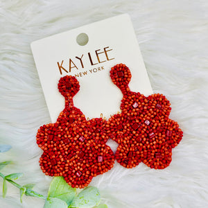 Red Orange Seedbead Flower Earrings