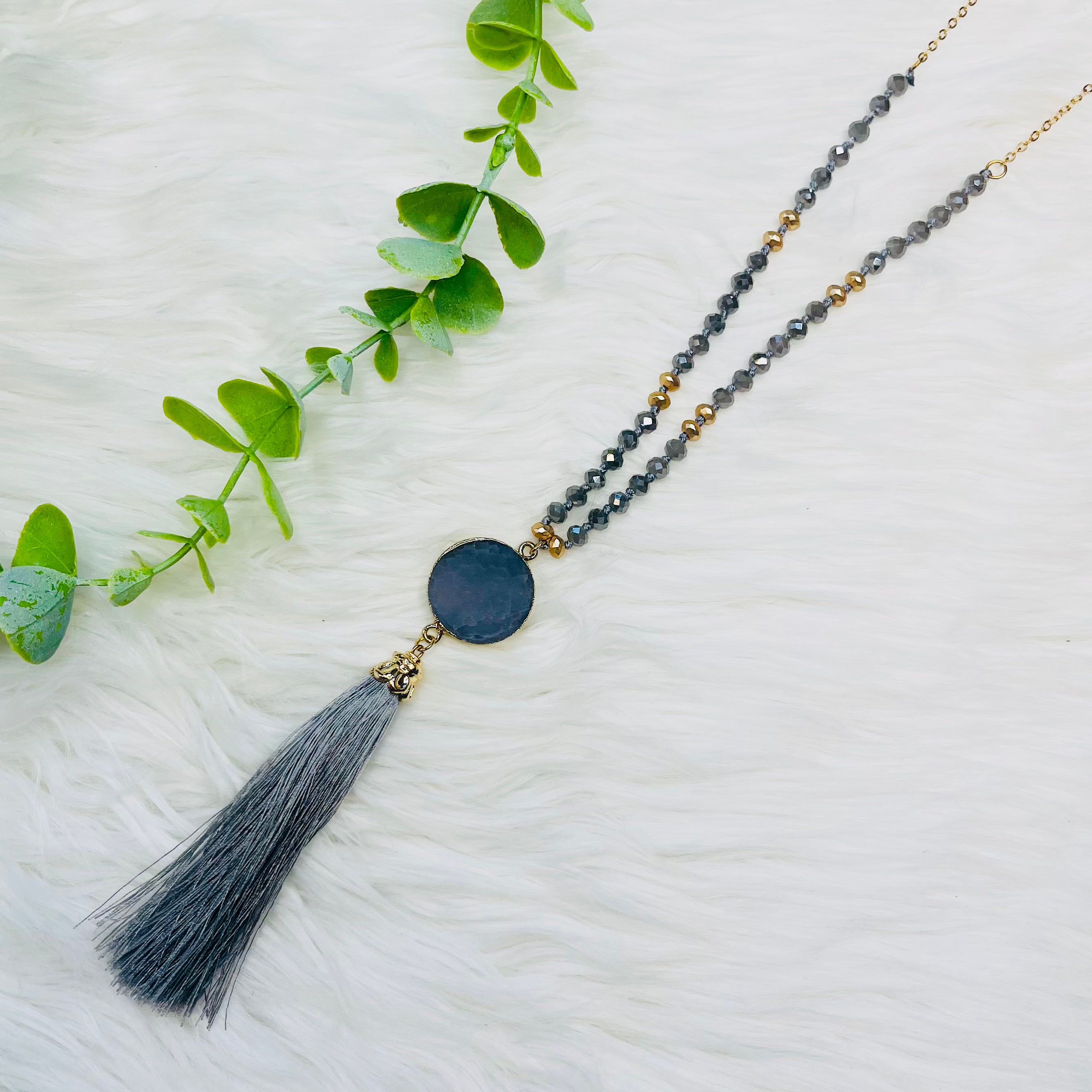 Stone Crystal Beads Tassel Necklace