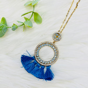 Rhinestone Bling Round Tassel Necklace