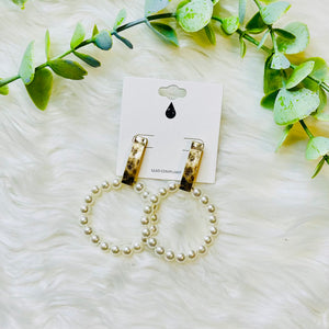 Pearl Hoop Gold Bar Dangle Earrings