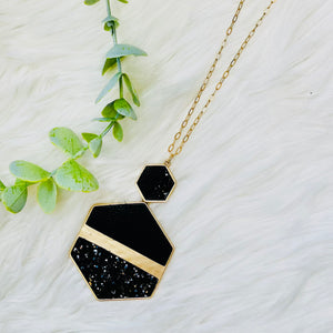 Black Hexagon Glitter Leather Necklace