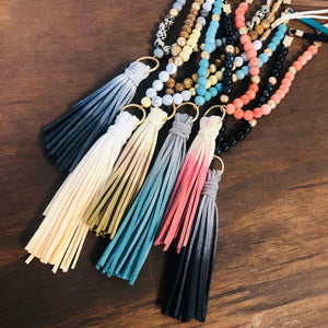 Wood Beaded Fabric Chain Tassel Necklace