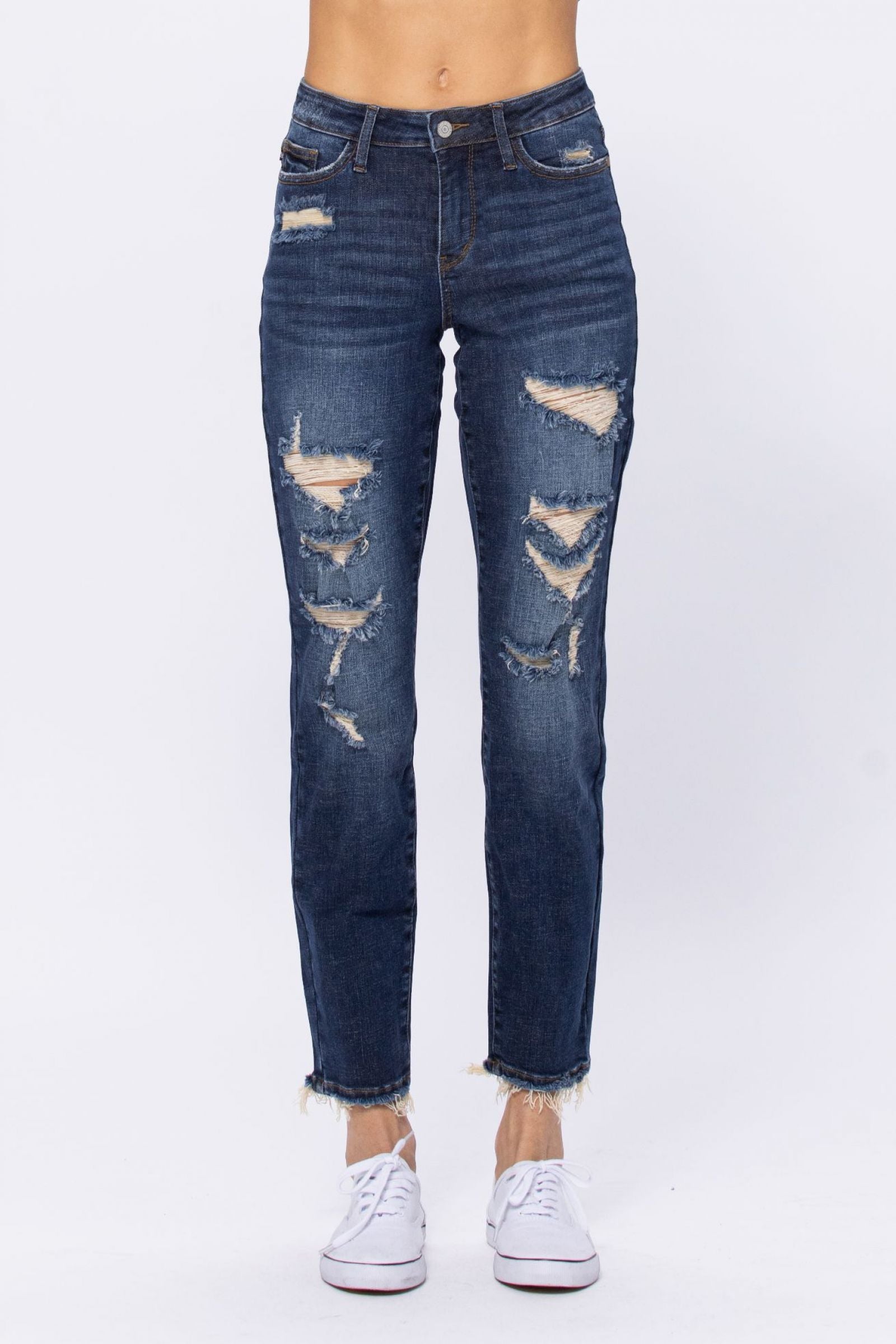 Judy Blue Darkwash Mid Rise Destroyed Boyfriend Jeans - PLUS