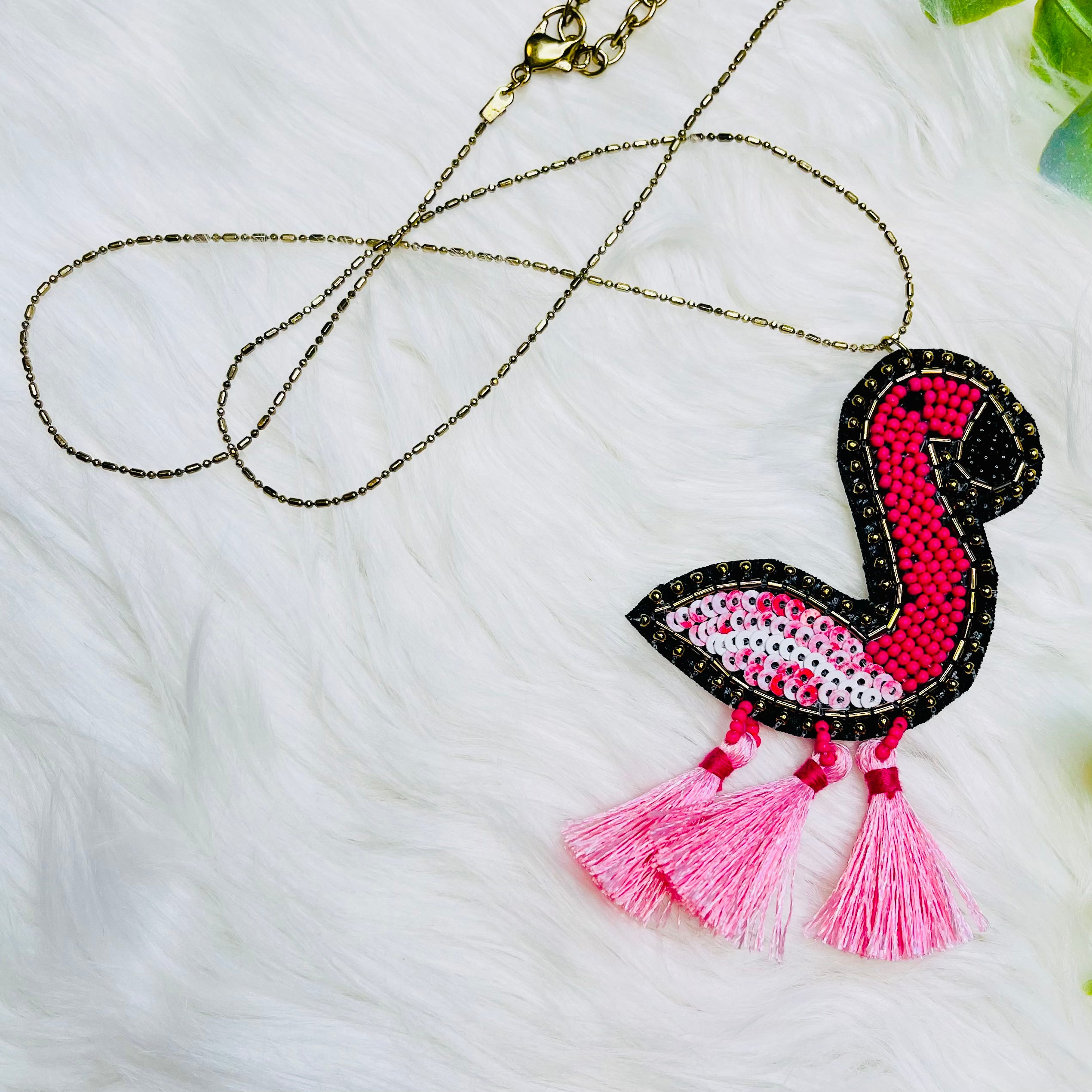 Beaded Flamingo Tassel Necklace