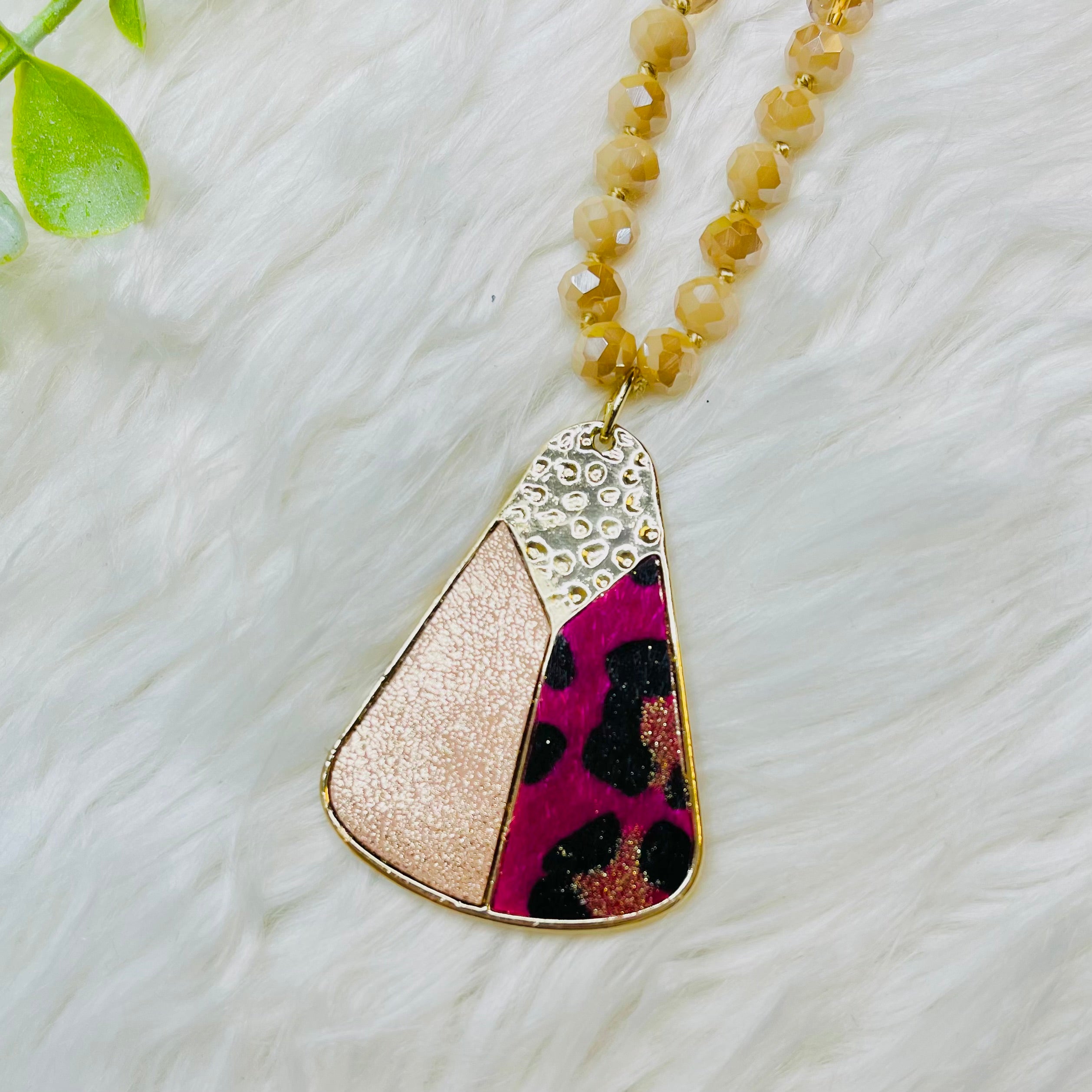 Magenta Leopard Gold Metal Beaded Necklace