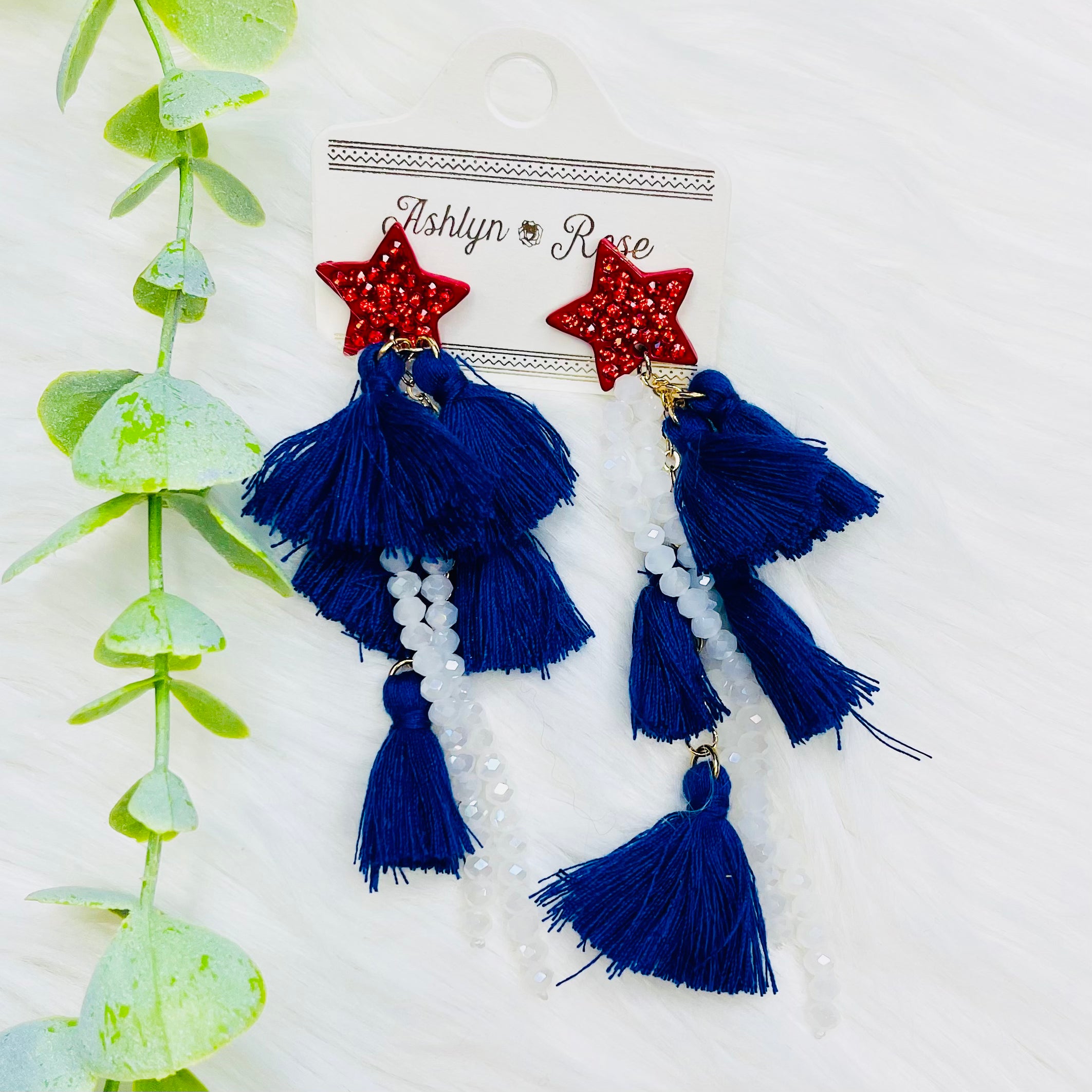Blue Tassel White Bead Tassel Red Star Earrings