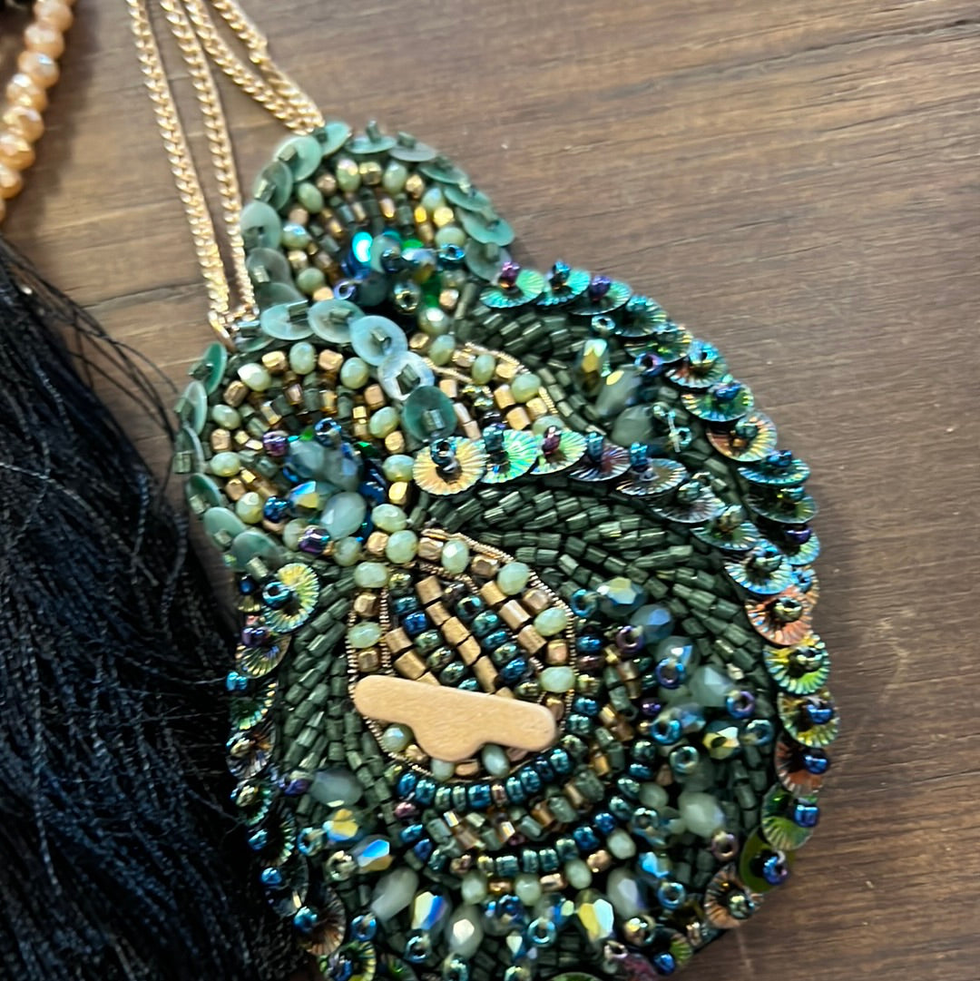 Teal Beaded Pointed Oval Necklace