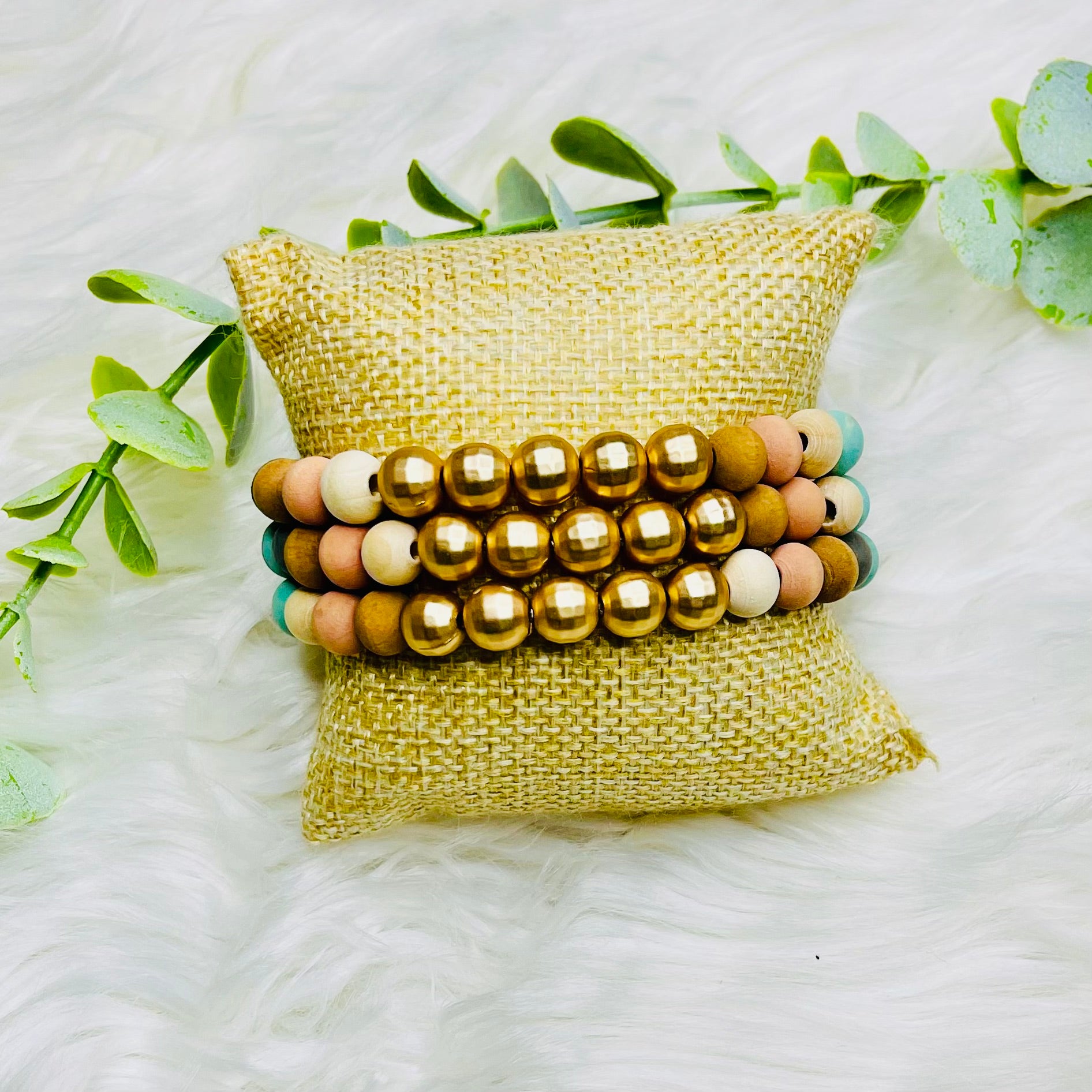 Wood Gold Beaded Bracelets Set of 3