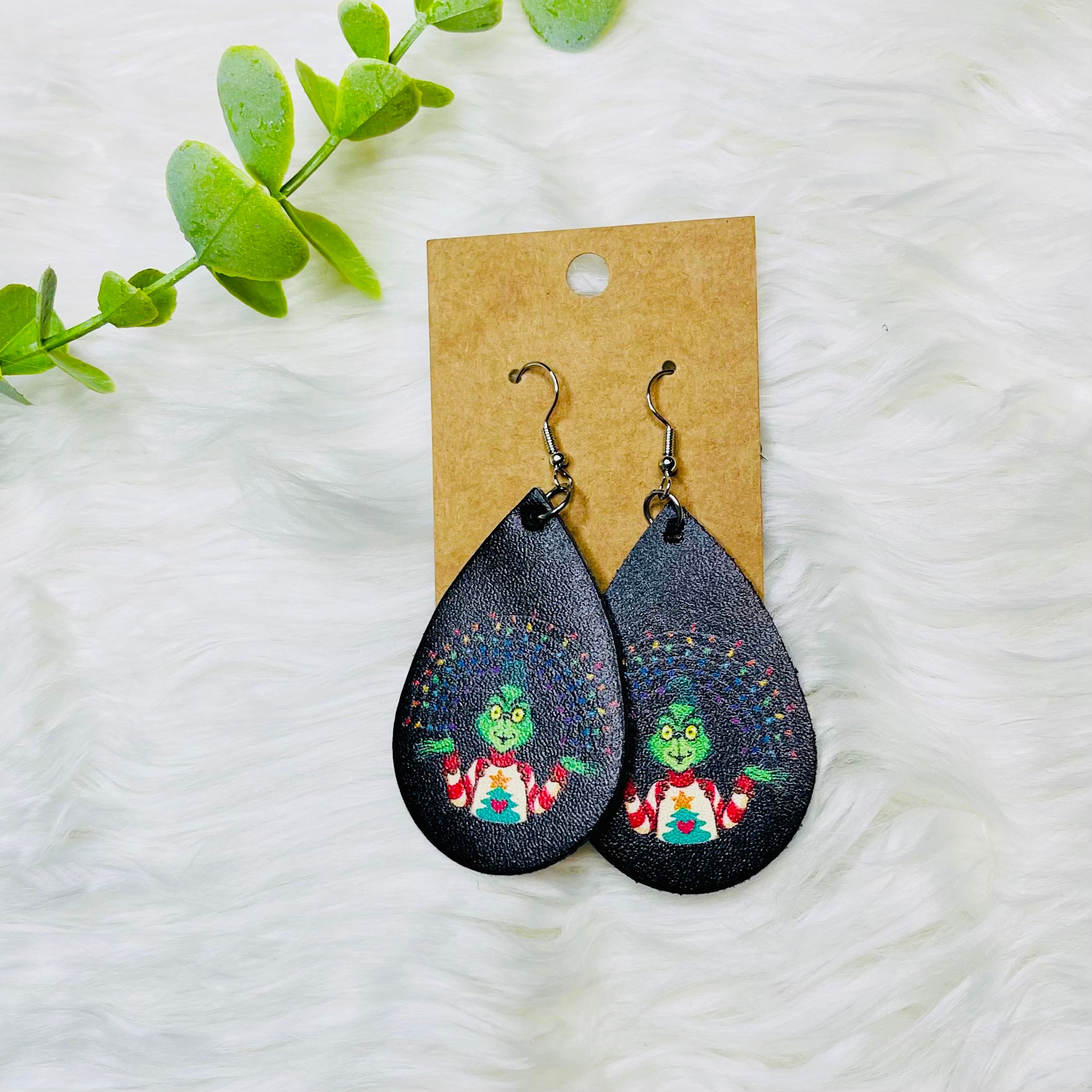 Grinch Faux Leather Teardrop Earrings