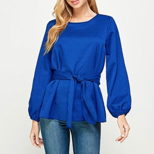 Royal Blue Tie Waist Bow Blouse