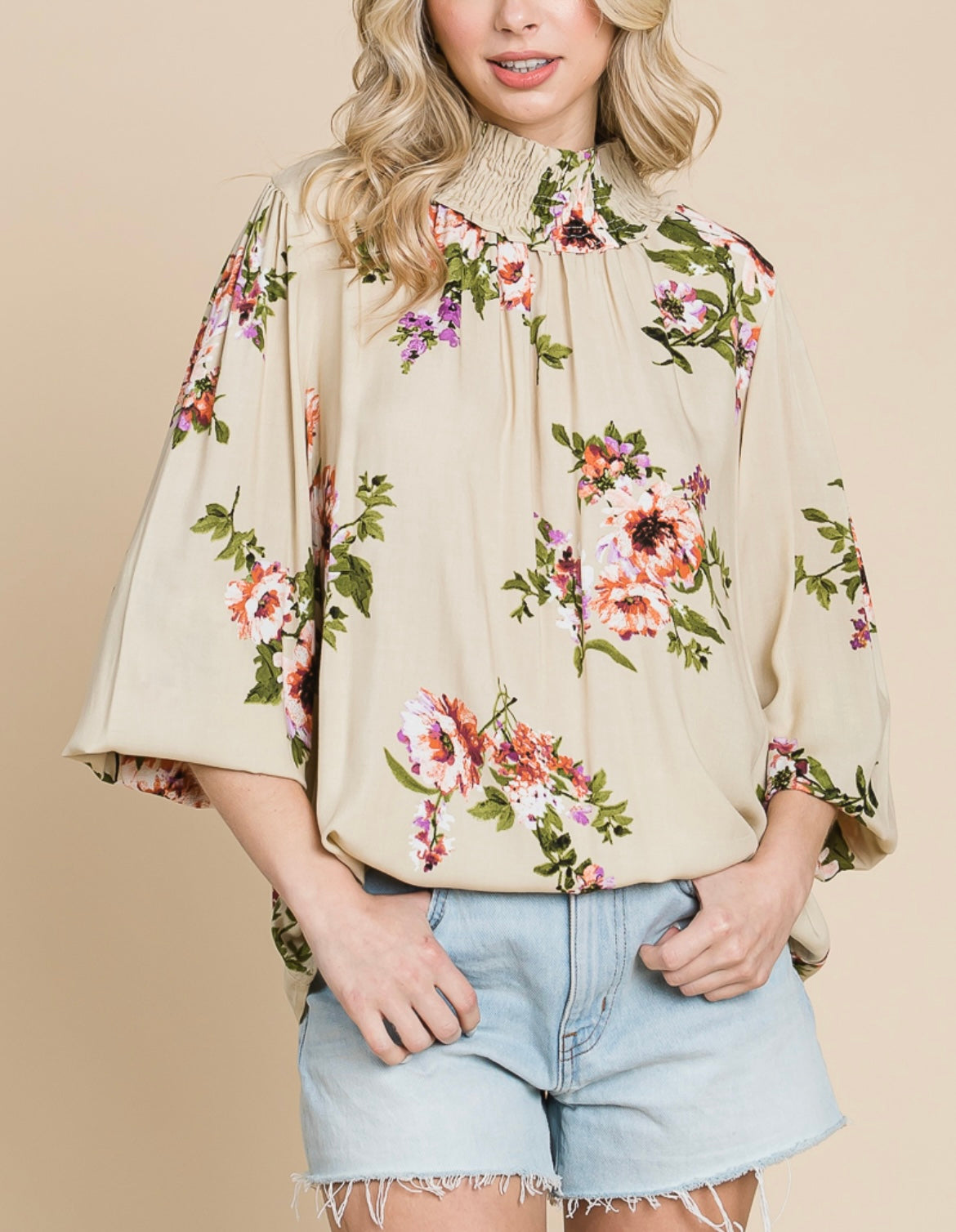 TAUPE KEYHOLE FLORAL LONGSLEEVE TOP