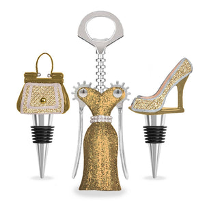 Gold Silver Glitter Wine Fashion Gift Set: 2 Wine Bottle Stoppers & Corkscrew