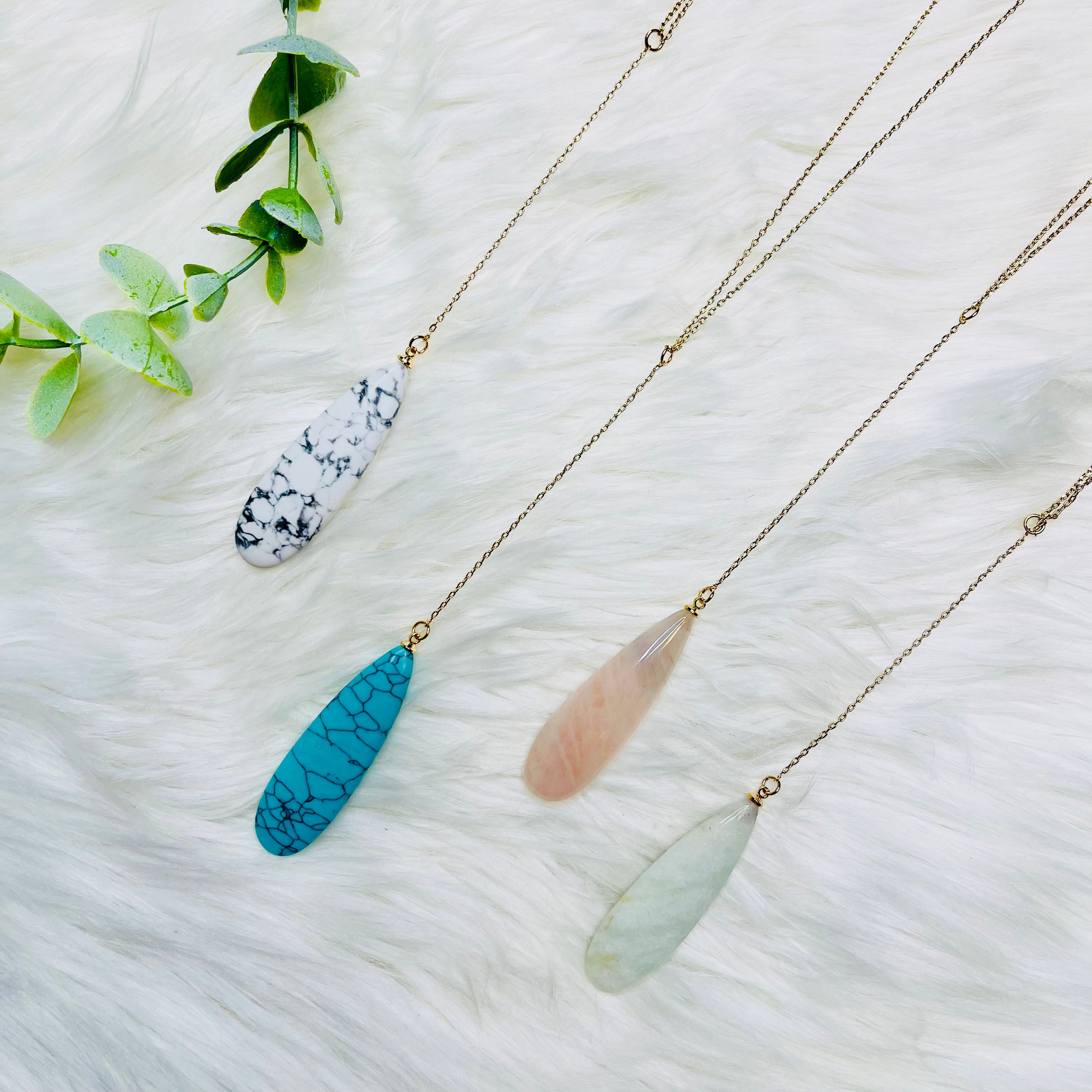 LONG OVAL NATURAL STONE PENDANT Y SHAPE NECKLACE