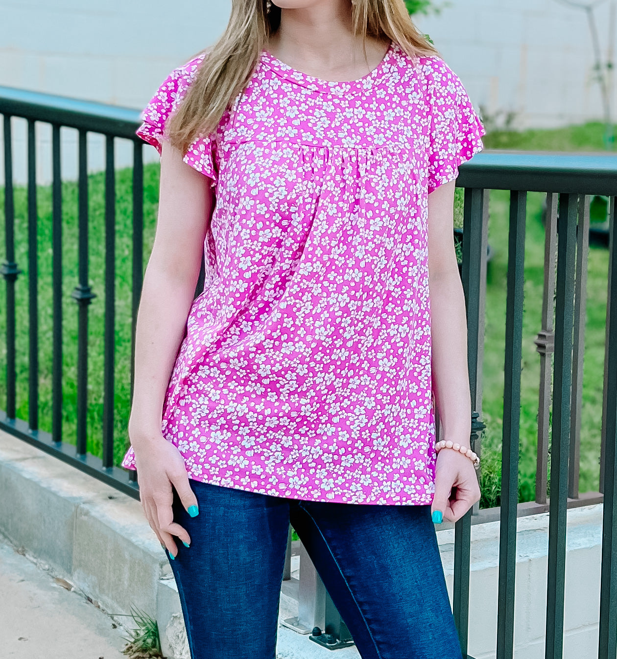 Fuchsia Floral Ruffle Short Sleeve Top- SALE