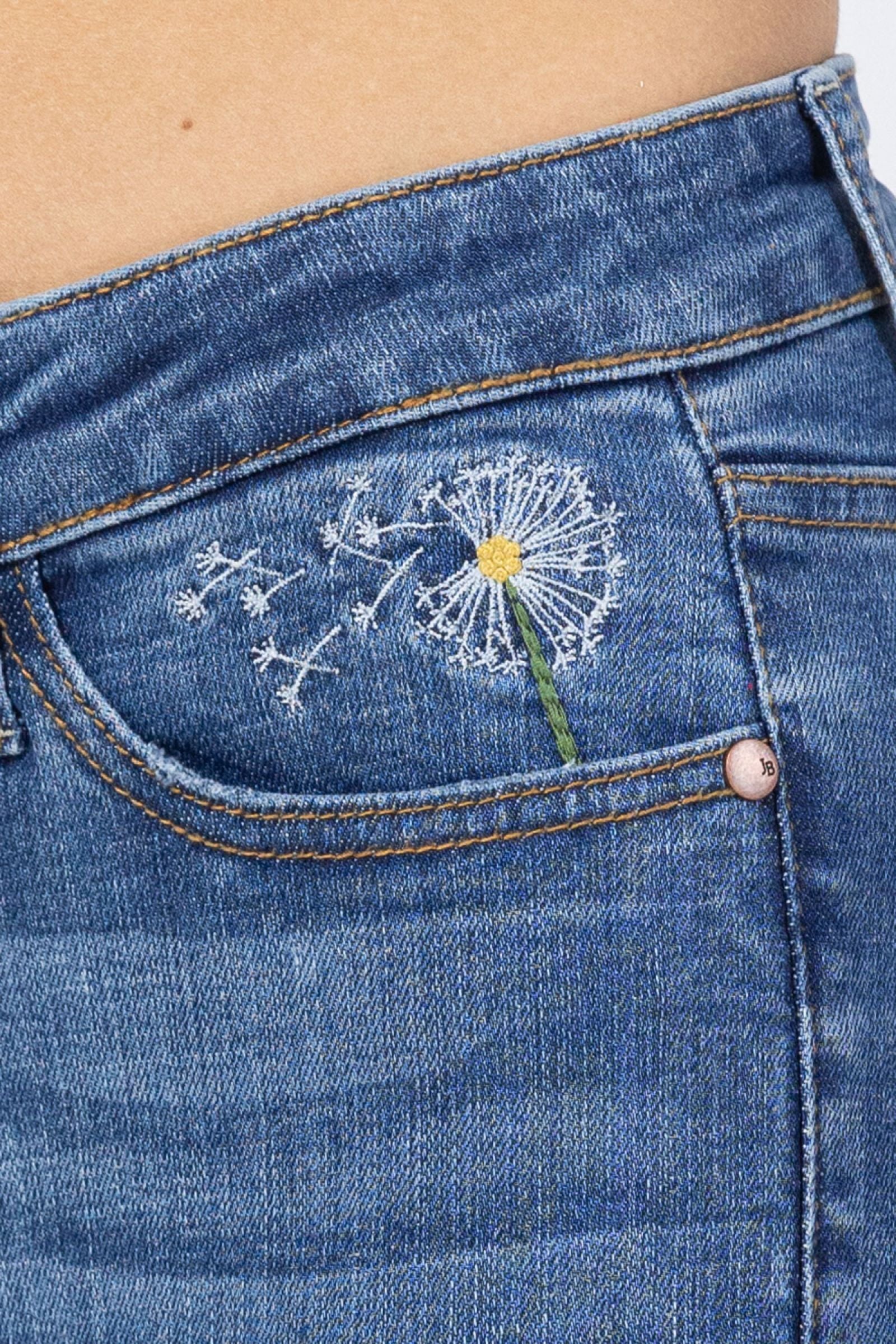 Hi Waisted Dandelion Embroidery Skinny Medium Wash Judy Blue Denim-PLUS