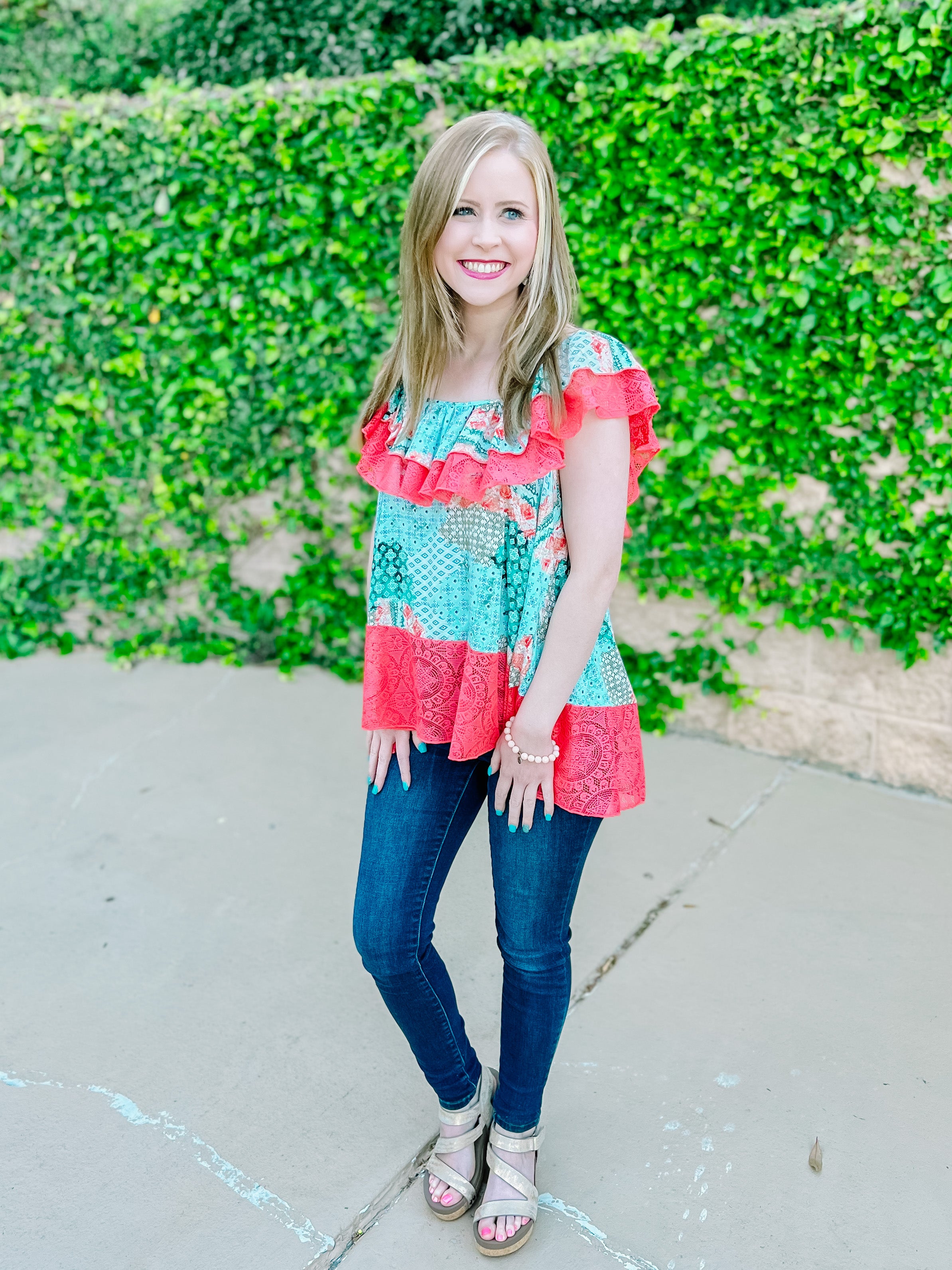 Teal Coral Ethnic Print Lace Ruffle Woven Top-PLUS