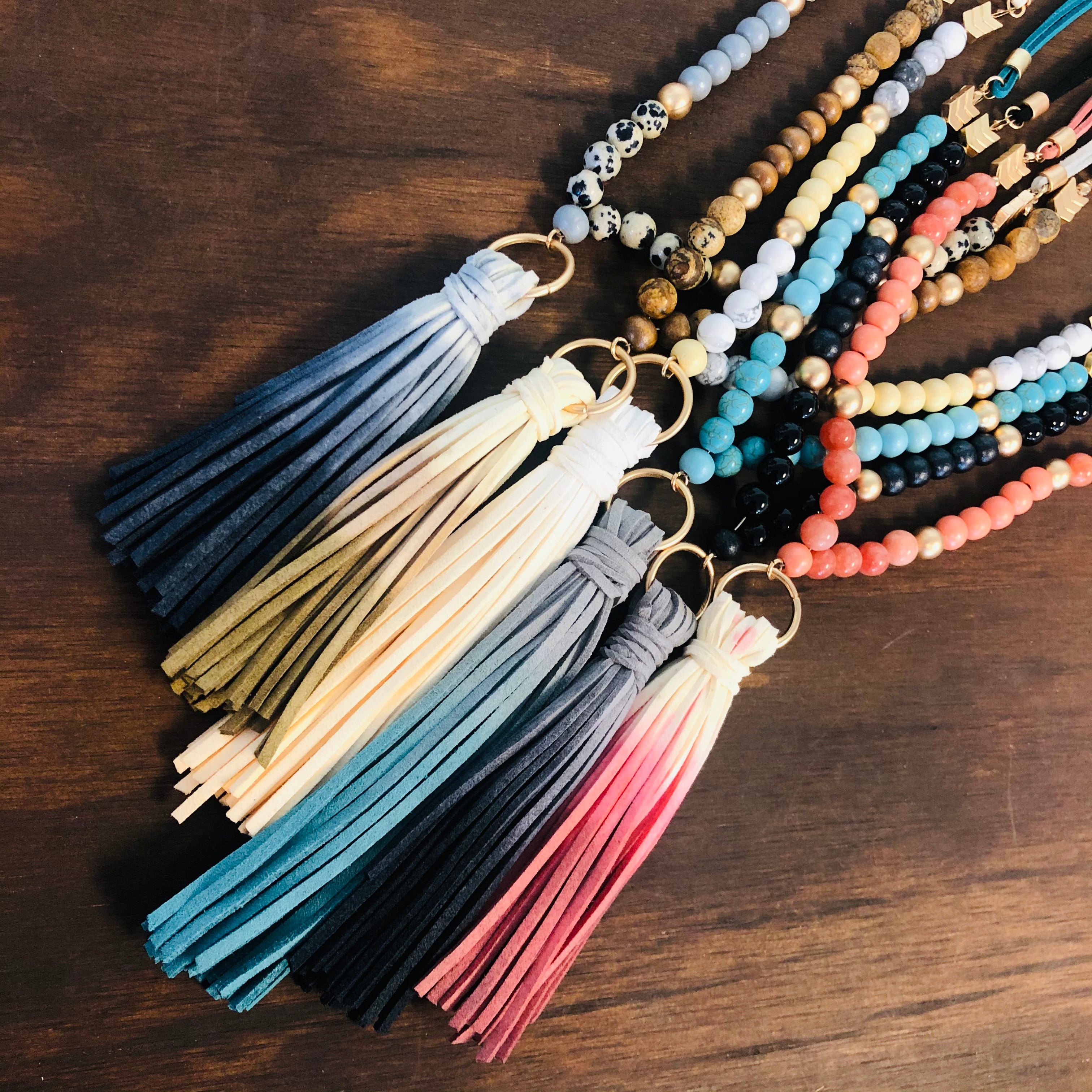 Wood Beaded Fabric Chain Tassel Necklace