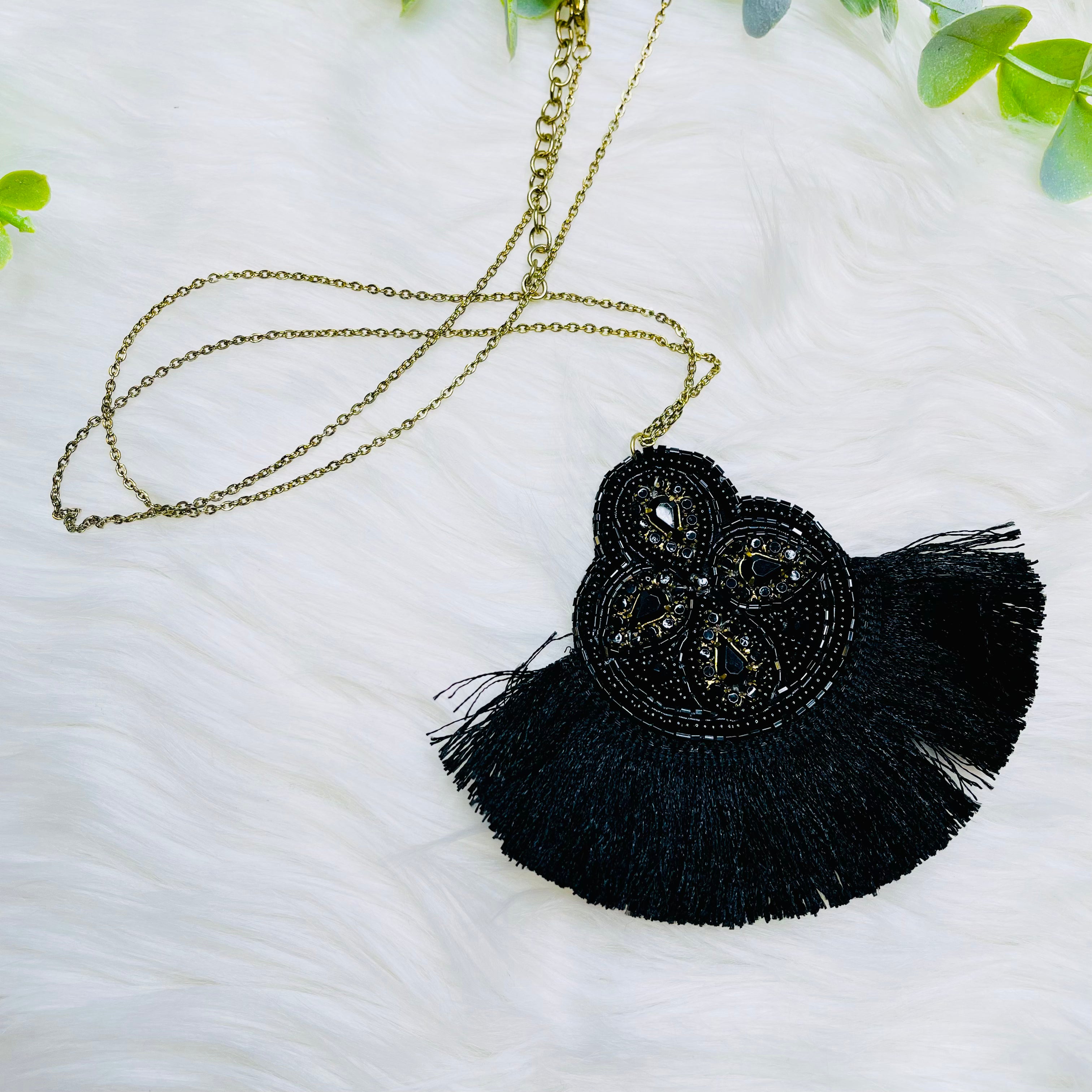 Black Beaded Tassel Fan Necklace