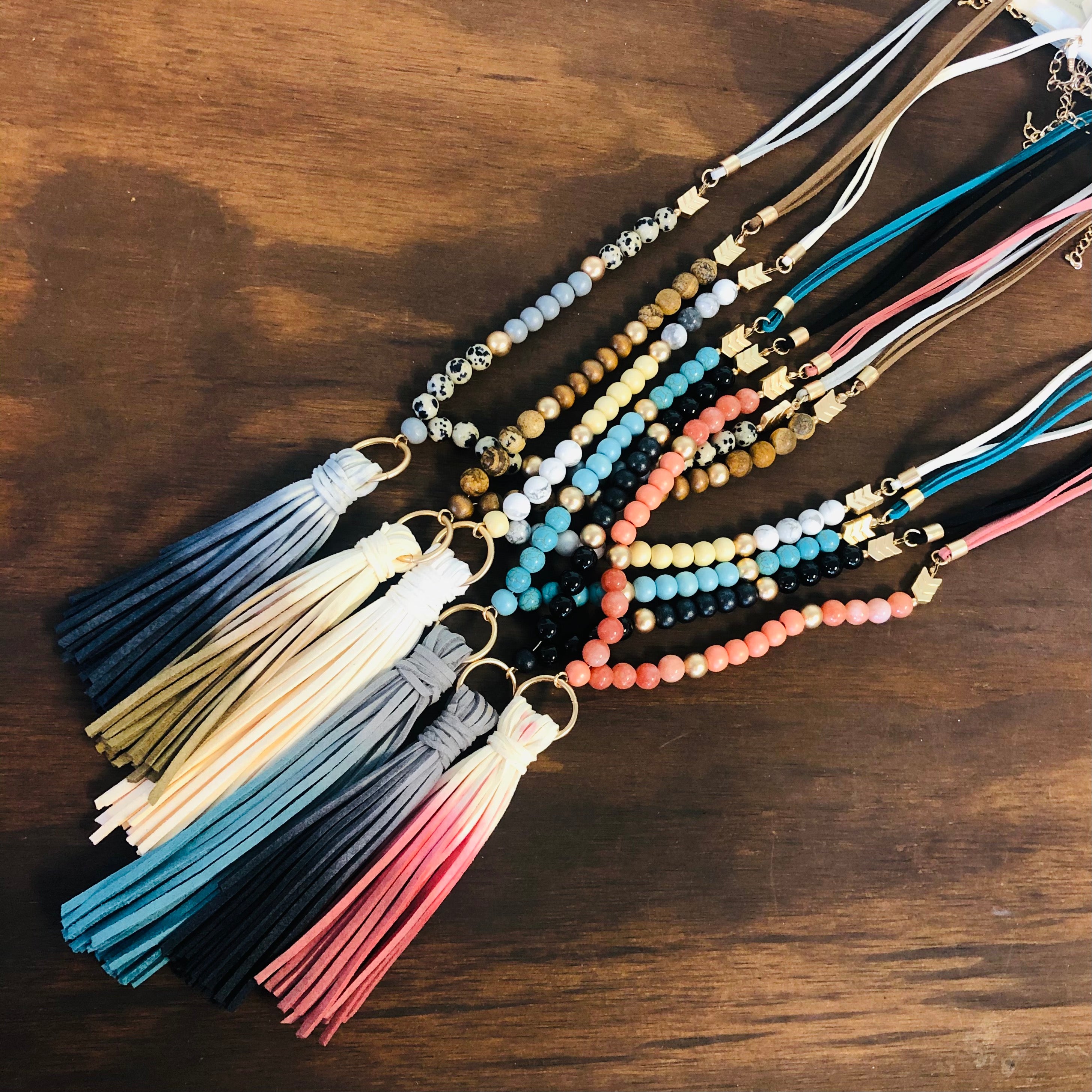 Wood Beaded Fabric Chain Tassel Necklace