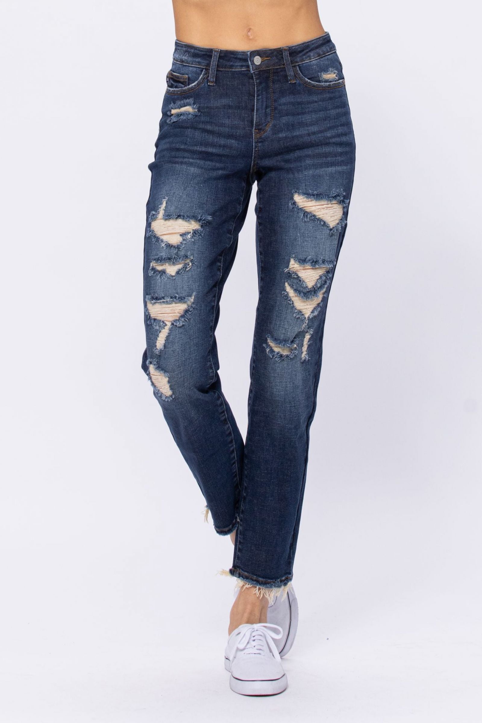 Judy Blue Darkwash Mid Rise Destroyed Boyfriend Jeans - PLUS