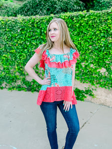 Teal Coral Ethnic Print Lace Ruffle Woven Top-PLUS