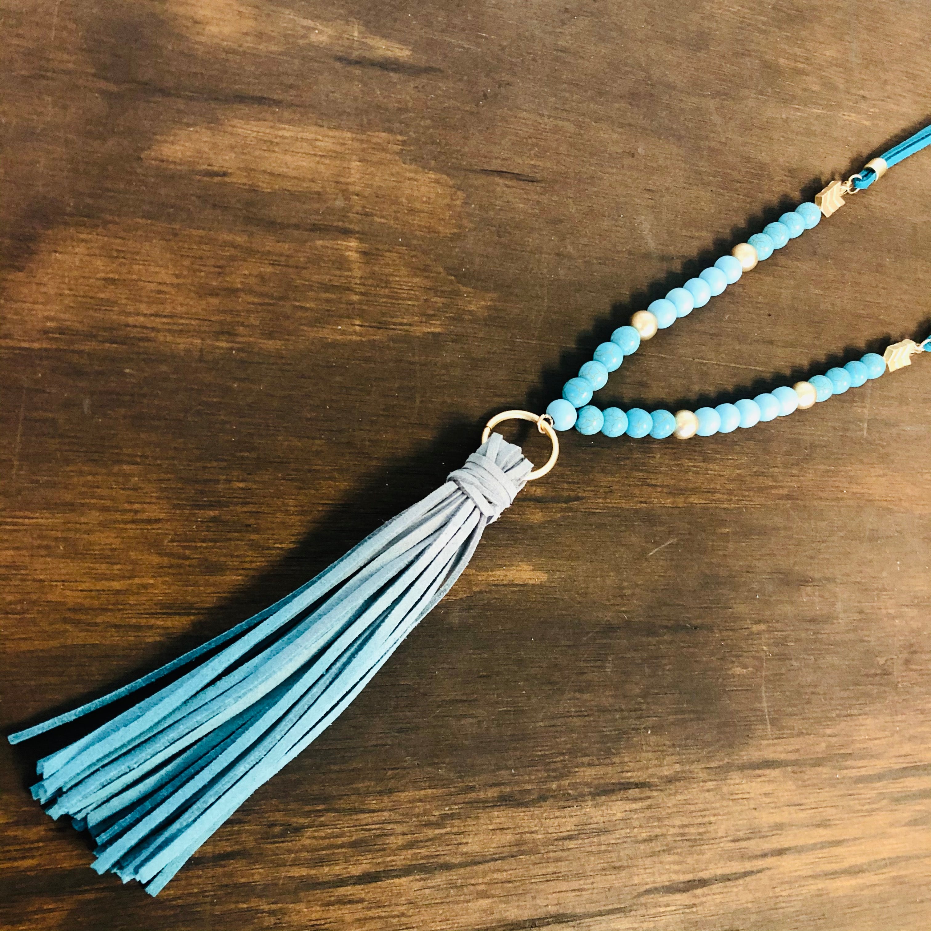 Wood Beaded Fabric Chain Tassel Necklace