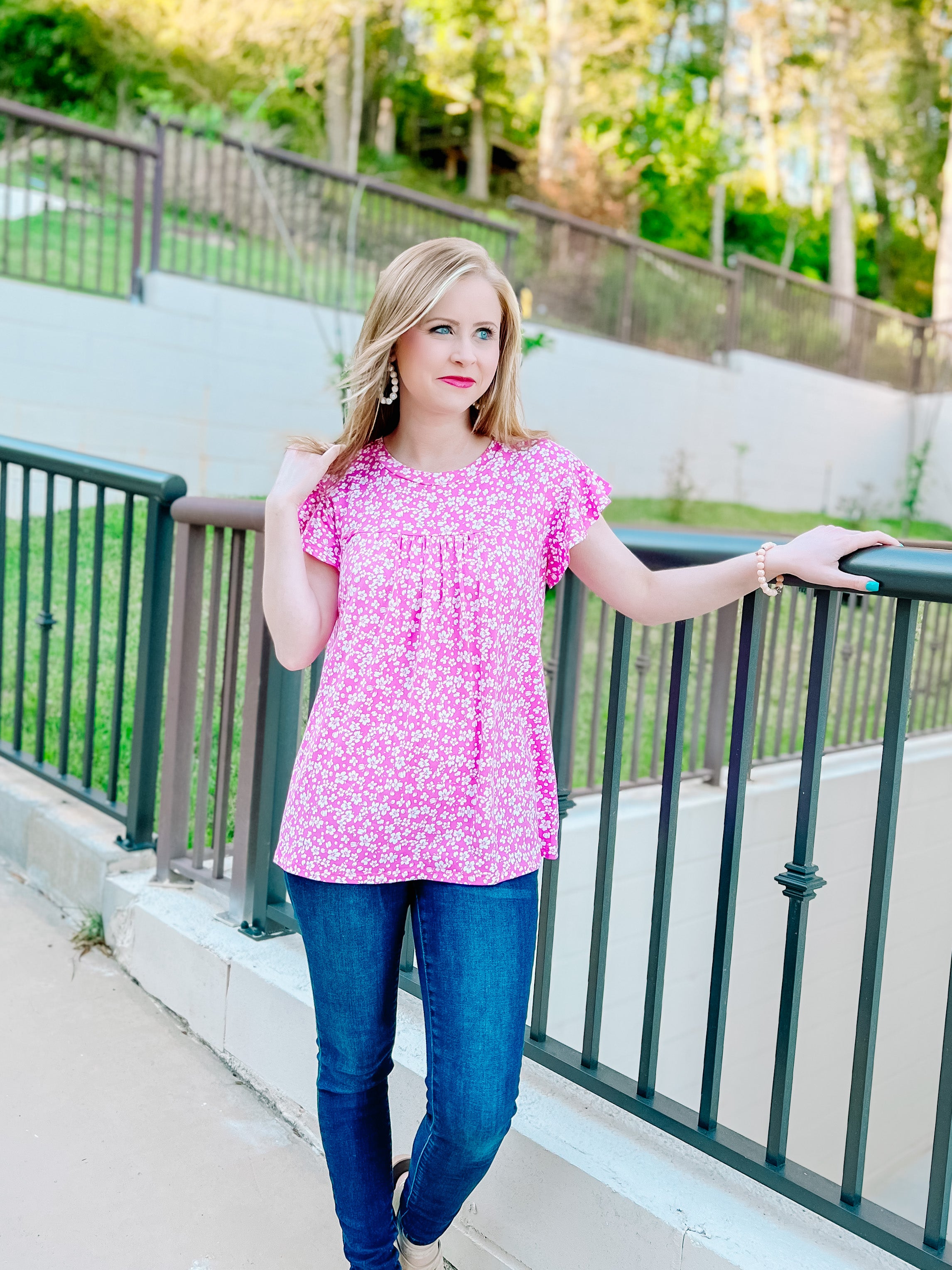 Fuchsia Floral Ruffle Short Sleeve Top- SALE