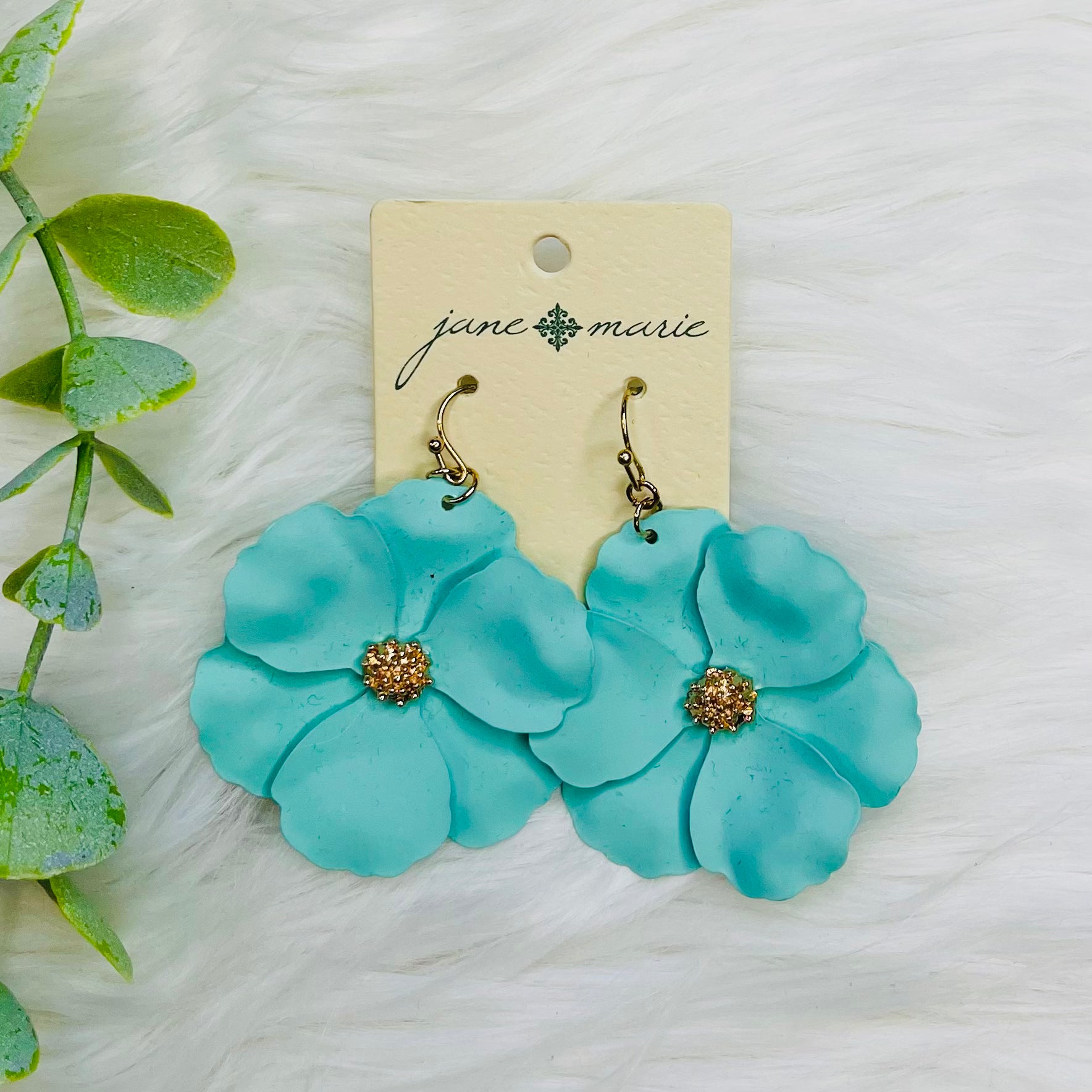 Mint Gold Bedazzled Flower Earrings